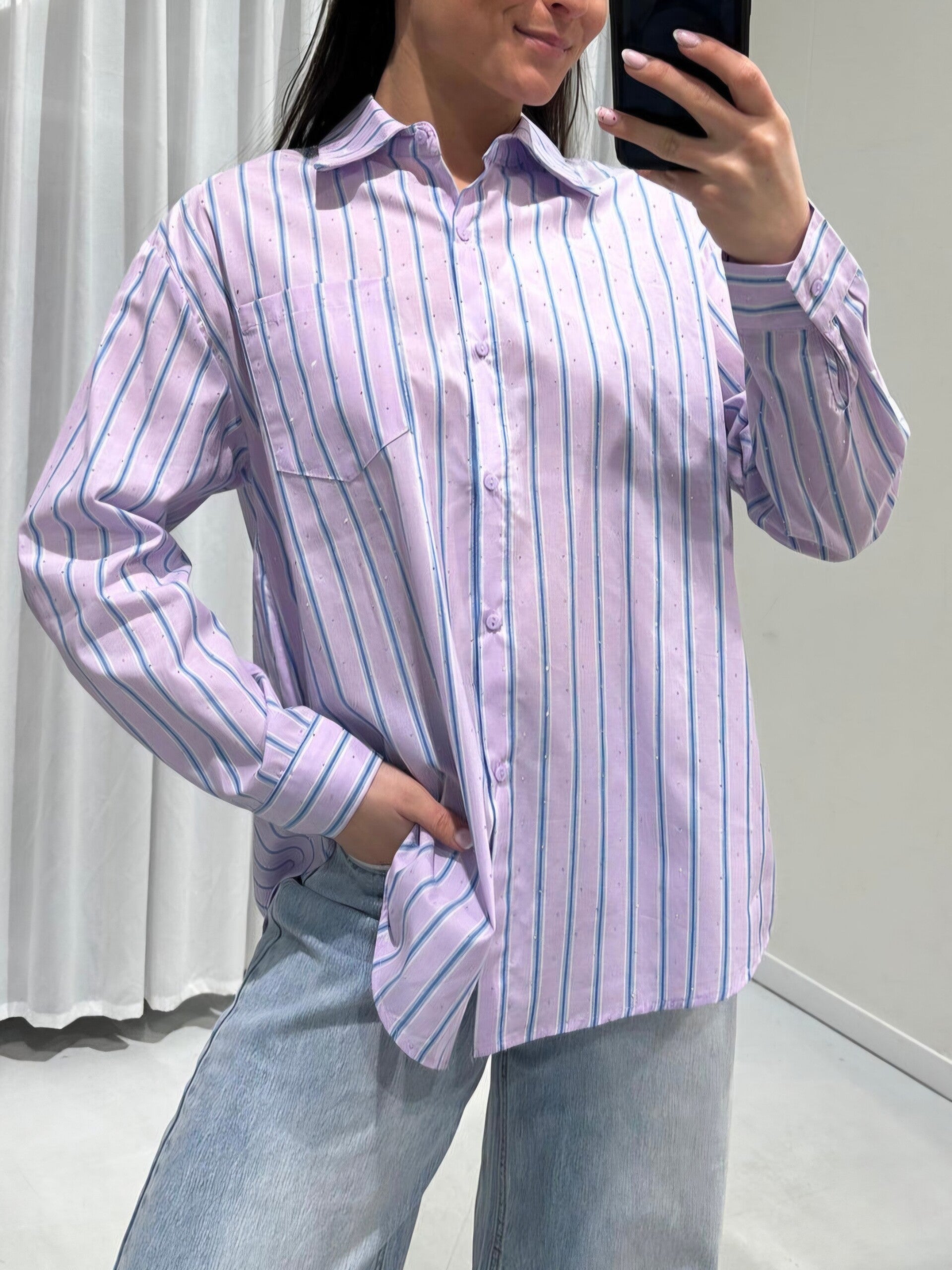 GESTREEPTE BLOUSE MET STRASS - LILA/BLAUW