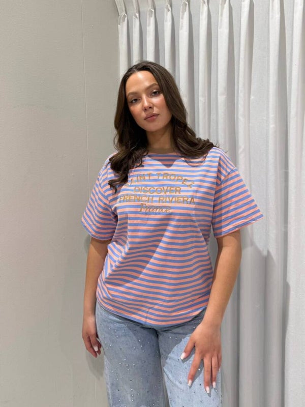 GESTREEPT T-SHIRT SAINT TROPEZ - BLAUW/ORANJE