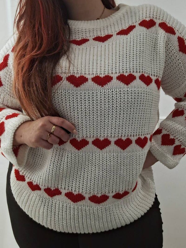GEBREIDE TRUI MET HARTJES - WIT/ROOD