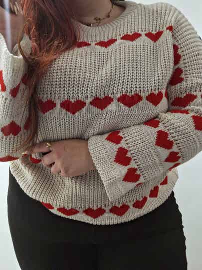 GEBREIDE TRUI MET HARTJES - BEIGE/ROOD
