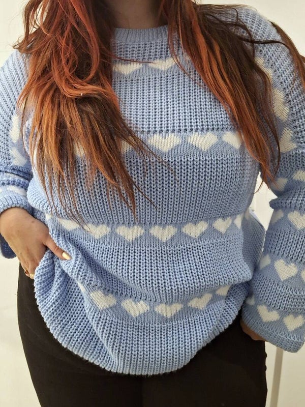 GEBREIDE TRUI MET HARTJES - BLAUW/WIT