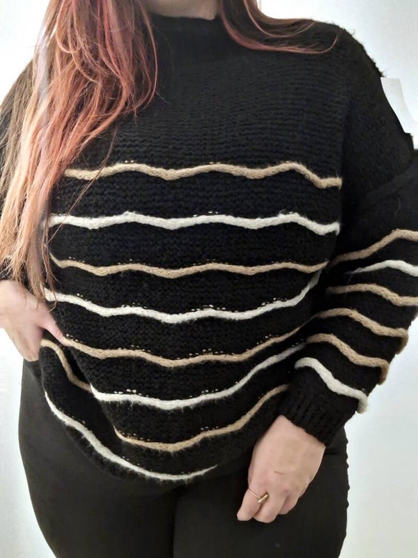 GEBREIDE TRUI WAVY - ZWART/WIT/CAMEL
