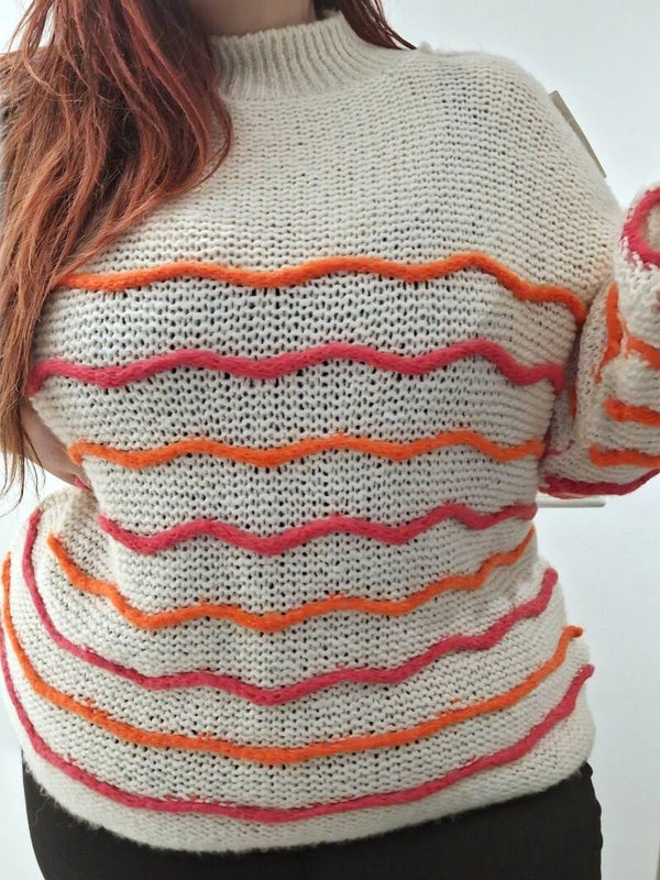 GEBREIDE TRUI WAVY - WIT/ROZE/ORANJE