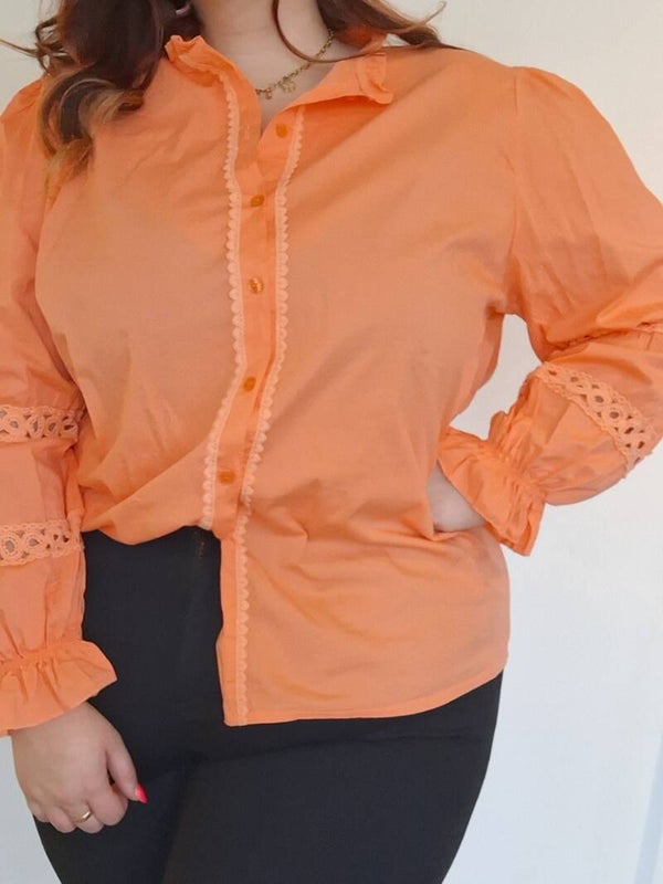KATOENEN BLOUSE MET BRODERIE - ORANJE