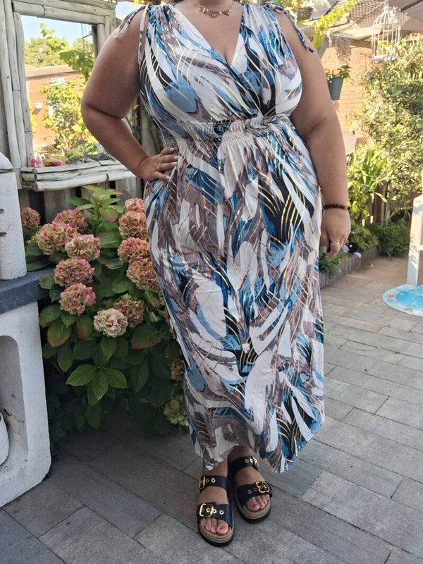 MAGIC DRESS PAINTERLY SWIRL LANG - TAUPE/LICHTBLAUW