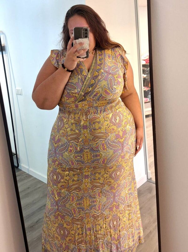 MAGIC DRESS PAISLEY LANG MET KAPMOUWTJES - GEEL/LILA