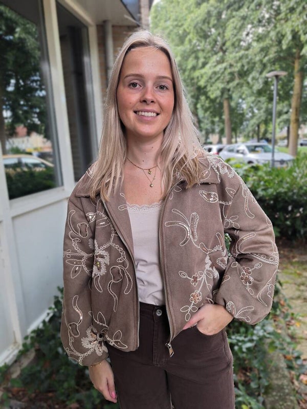 SUEDINE BOMBERJACK MET BLOEMEN - TAUPE