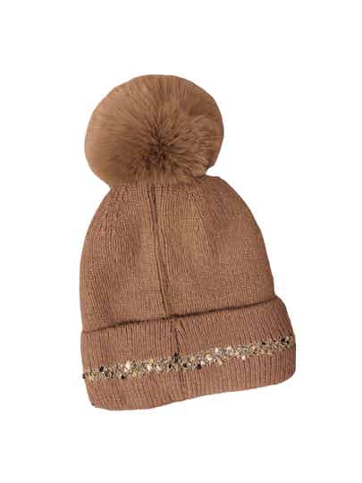 MUTS MET GLITTERS EN POMPOM - CAMEL