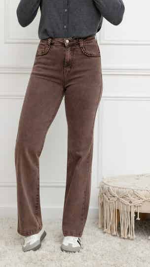 STRAIGHT LEG JEANS MET VLECHTDETAIL - BRUIN