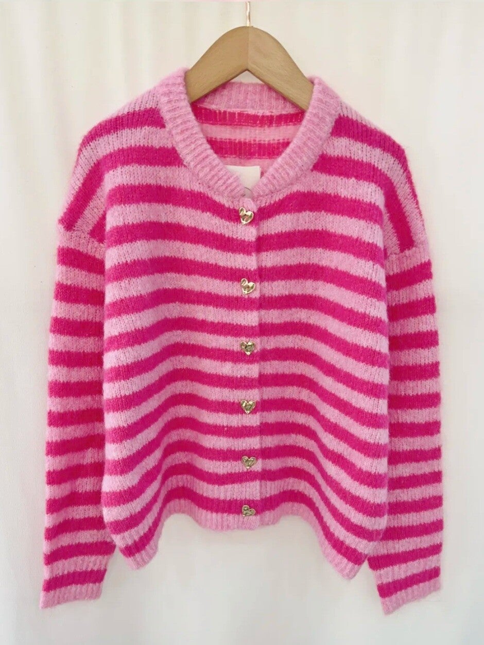 GESTREEPT VESTJE MET HARTJESKNOPEN - FUCHSIA/ROZE