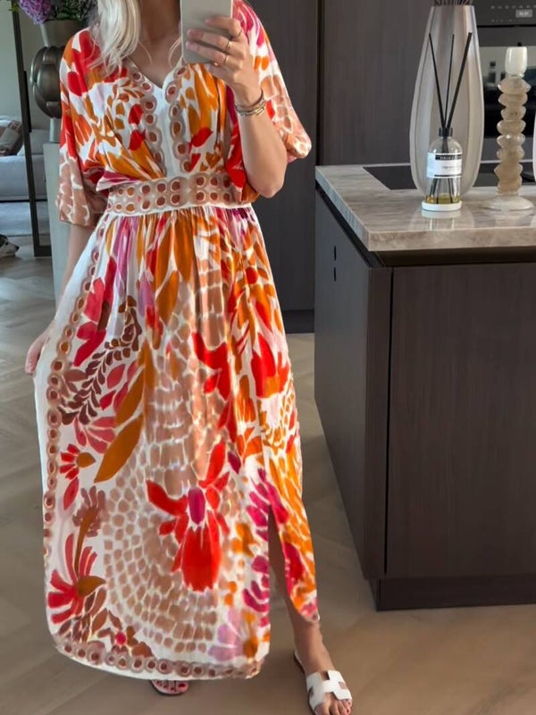AZZURRO JURK MET PRINT - ORANJE/KORAAL