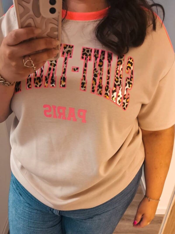 T-SHIRT SAINT TROPEZ - BEIGE/NEON ROZE