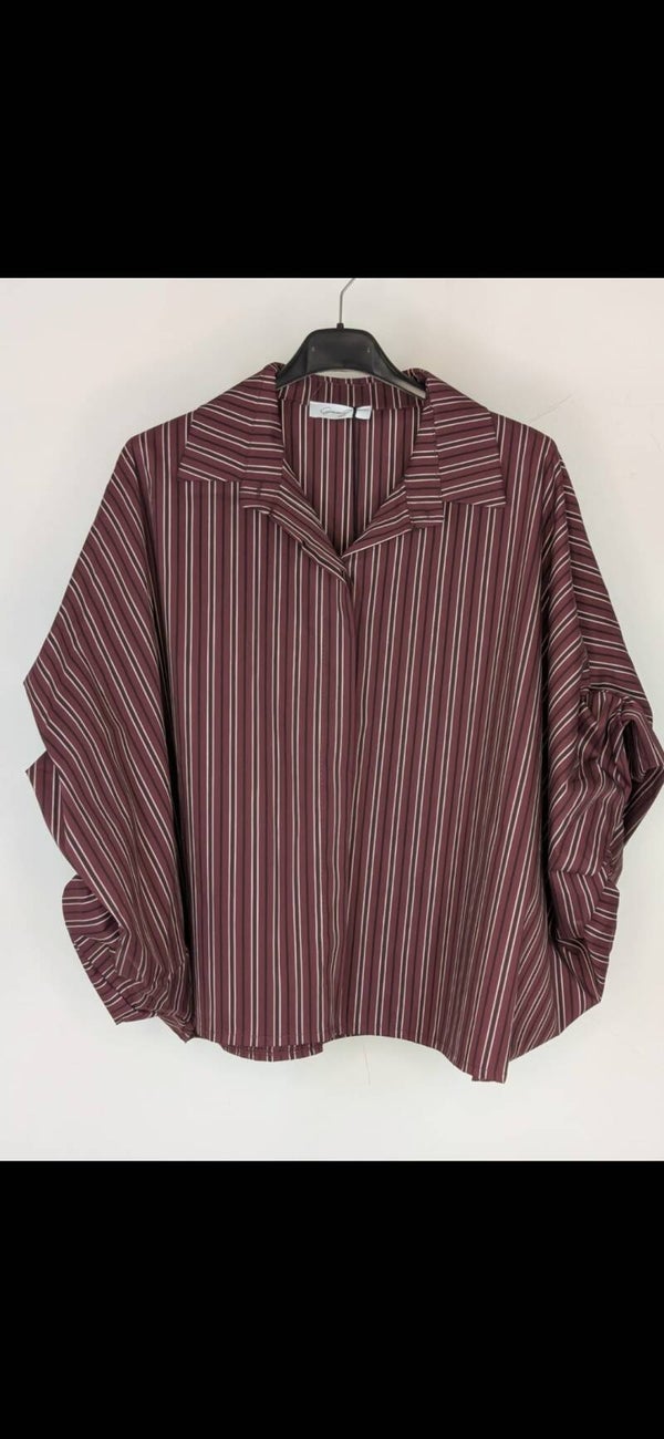 BLOUSE STREEPJES MET BALLONMOUWEN - BURGUNDY