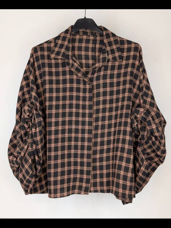 BLOUSE RUITJES MET BALLONMOUWEN - ZWART/BRUIN/BURGUNDY