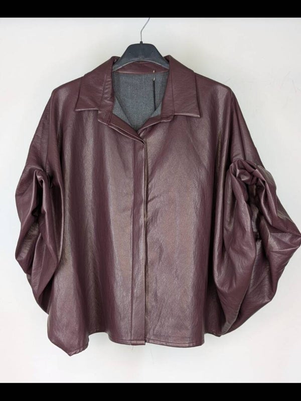 BLOUSE LEATHERLOOK MET BALLONMOUWEN - BURGUNDY