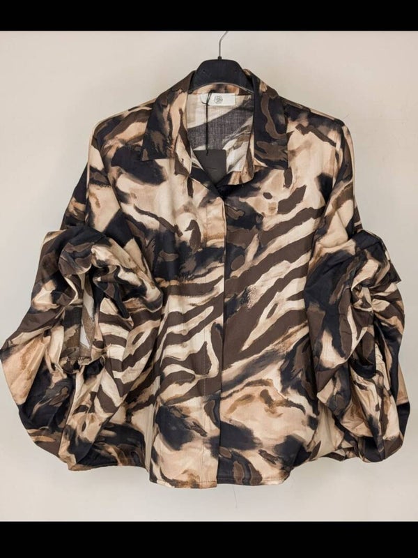 BLOUSE PRINT MET BALLONMOUWEN - BEIGE/BRUIN