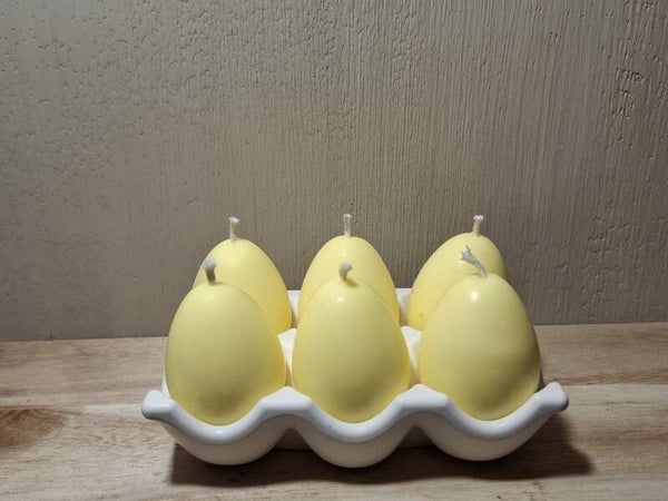 Set van 6 Ei Kaarsen met Schaaltje – Paas Kaarsen Kleur naar Keuze