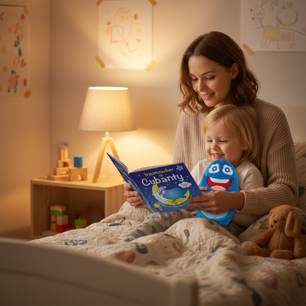 Abendroutine mit Kind - Vorlesen mit Cubanty Kuscheltier als Einschlafhilfe für Kinder