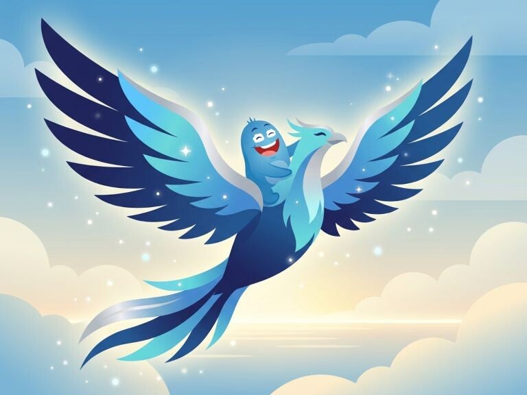 Cubanty fliegt auf einem blauen Vogel und freut sich gemeinsam mit dir eine Traumreise zu erleben und einzuschlafen