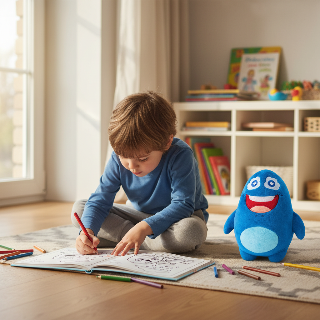 Kind malt ruhig am Abend und das Cubanty Kuscheltier begleitet die entspannte Abendroutine