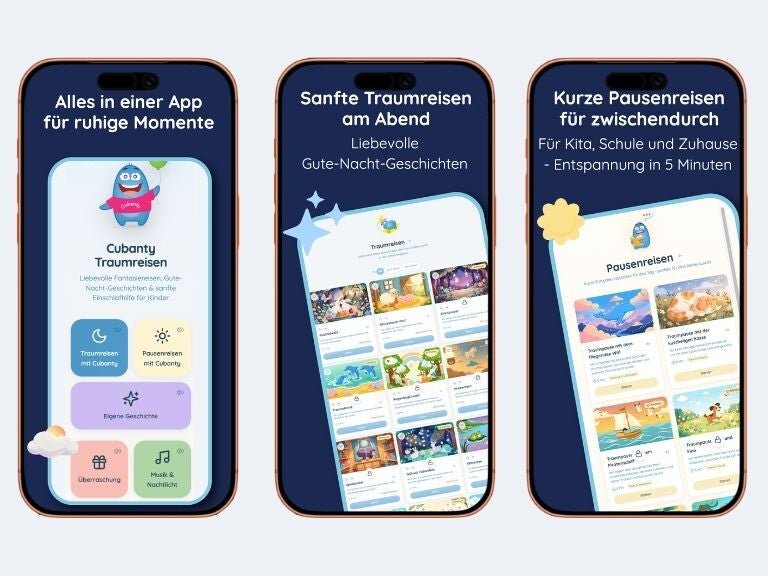 3 Screenshots der Einschlafhilfe App mit Fantasiereisen von Cubanty