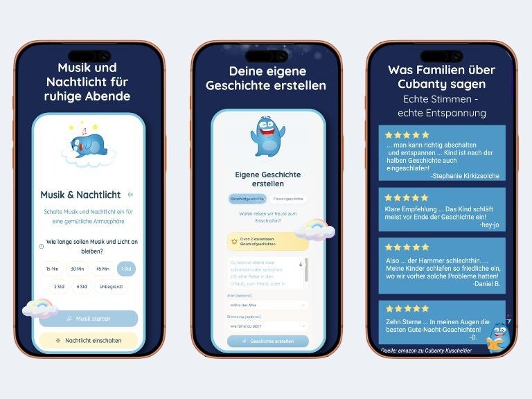Screenshots der Einschlafap für Kinder mit Nachtlicht und Einschlafmusik