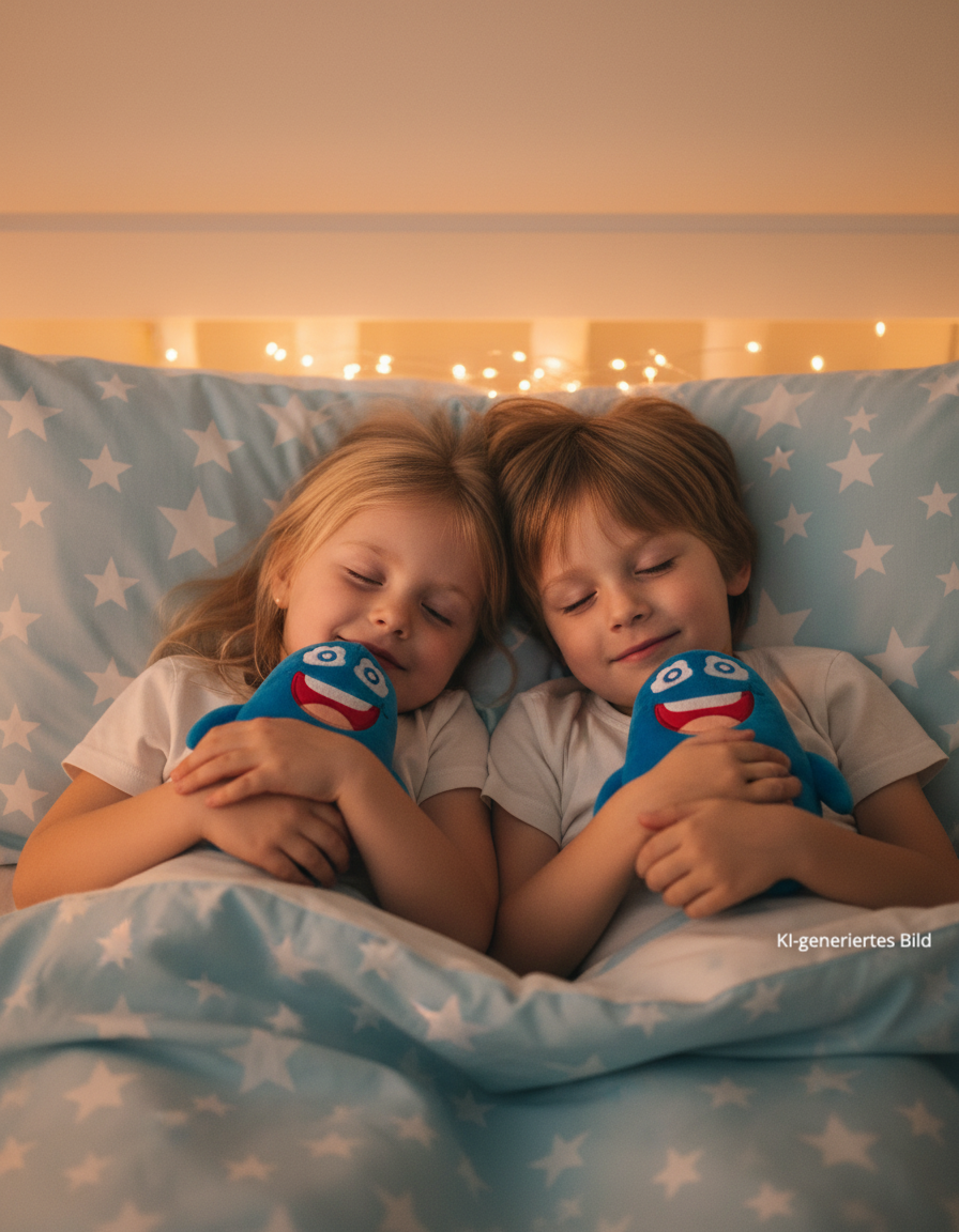 Kind schläft ruhig mit Cubanty Kuscheltier im Bett bei warmem Licht - entspannte Abendroutine und Einschlafhilfe für Kinder