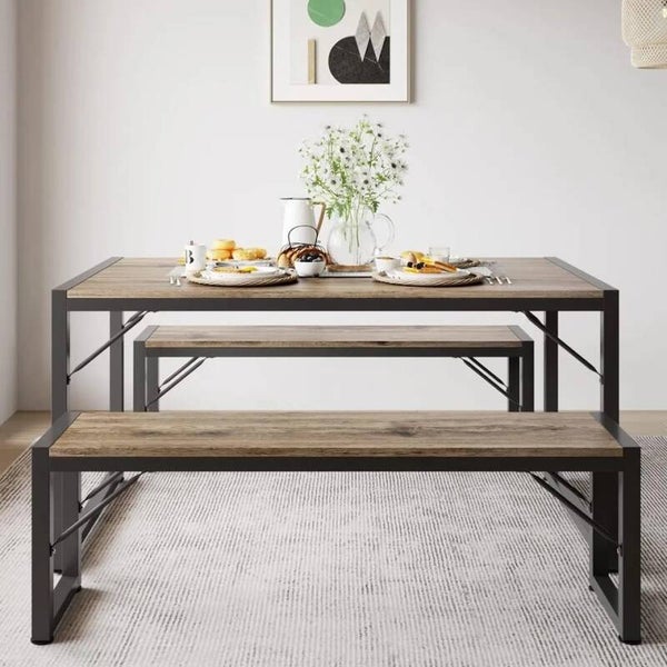 Dining Table Set for 4, Kitchen Table Set with 2 Benches, Dining Room Table Set with Metal Frame & MDF Board, Space-Saving