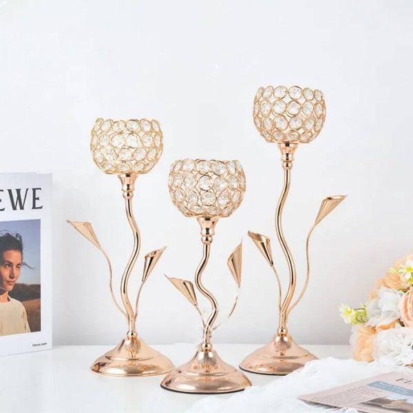 Gold Crystal Candle Holder, Iron Flower Shaped Candlestick Small Vintage Candlestick Set for Table Centerpiece