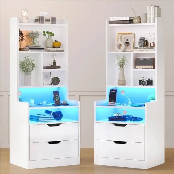 Charging Nightstand Set of 2 with LED Lights Tall Night Stand with Bookshelf Bedside Table with Drawers Side Tables Bedroom