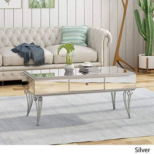 Mirrored Coffee Table with Drawer, Iron Frame, Elegant Beveled Edges, 42.25 Inch Glass Knob, Modern for Home Living Room Bedroom