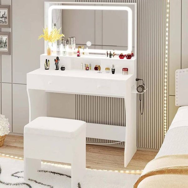 LIKIMIO Vanity Desk with LED Lighted Mirror & Power Outlet & 4 Drawers, Dressing Makeup Table Set with Storage Stool