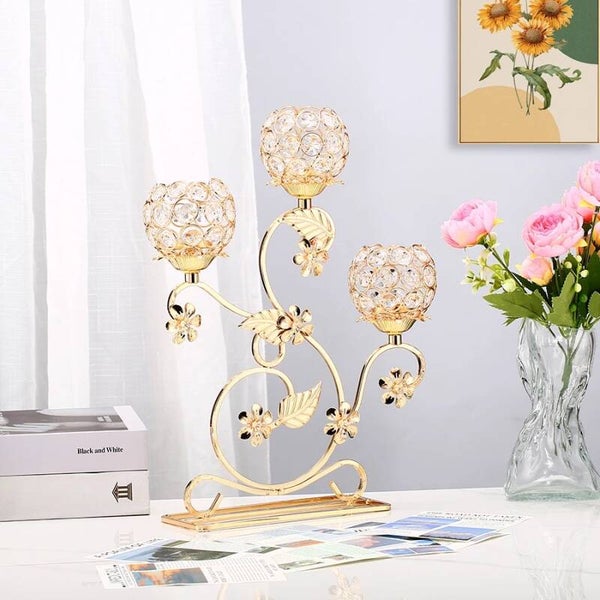 1pc 3 Arms Golden Metal Candle Holder Candelabra, Vintage Flower Shaped Candlestick for Table Centerpiece