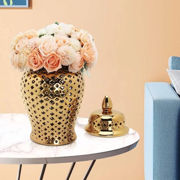 Pierced Gold Ceramic Vase Ginger Jar with Lid Hollow Out Storage Jar Bud Vase Carved Lattice Temple Jar for Room