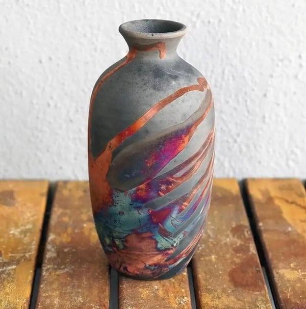 7 inch Raku Ceramic Pottery Vase - Carbon Half Copper Matte Raku Pottery