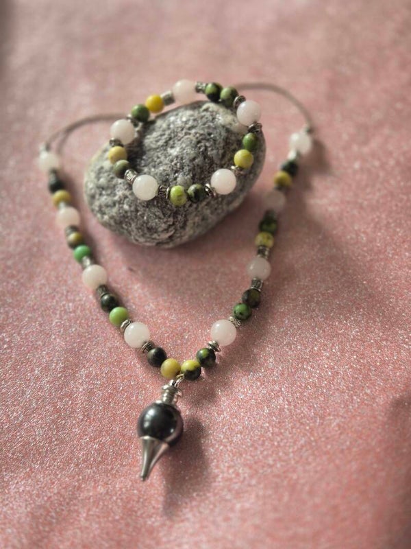 Ensemble collier pendule Chrysopase et Quartz rose, amour, confiance, protection