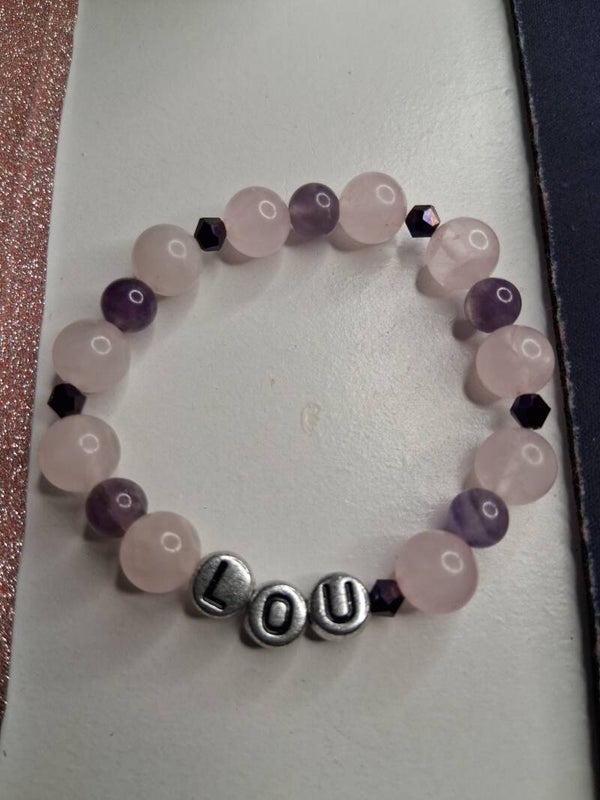 Bracelet prénom, Quartz Rose, Améthyste, Amour, purification, apaisement