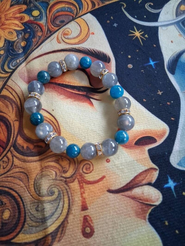 bracelet Labradorite, Appatite,  et strass, capacité, mal être, protection, perte de poids