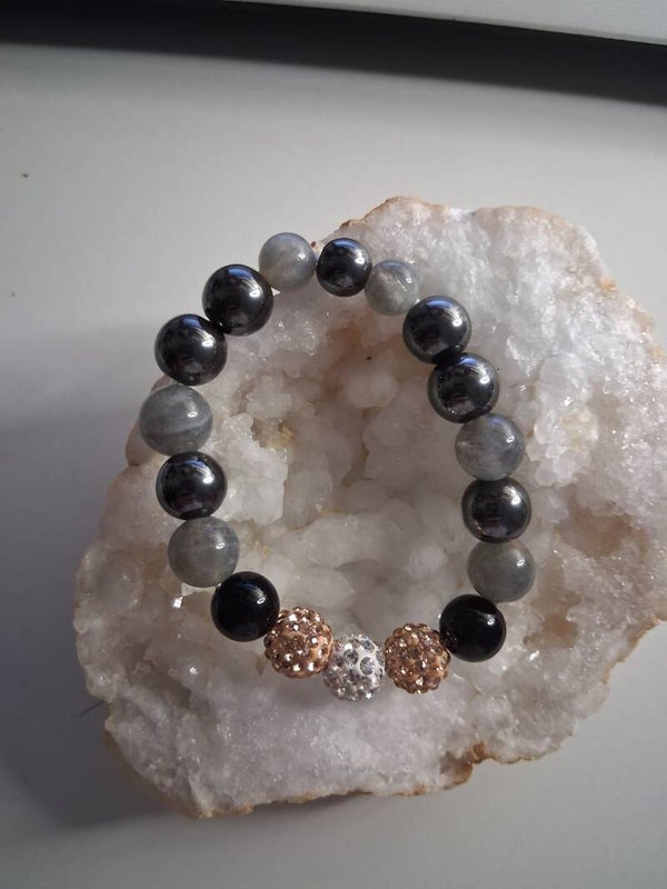 Bracelet Hématite, Labradorite, Obsidienne et strass, Protection,détente, stress