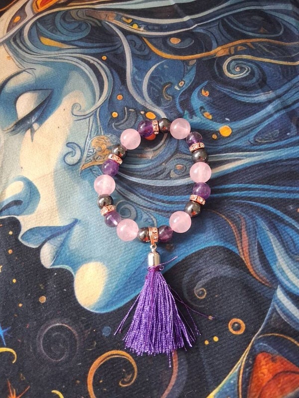 Hématite, Quartz rose, Améthyste + strass, Protection, courage, dépendance