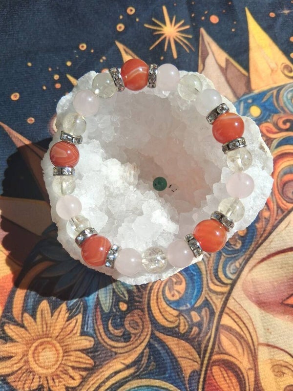 Citrine, Quartz rose, Cornaline et strass, positivité, amour, émotions