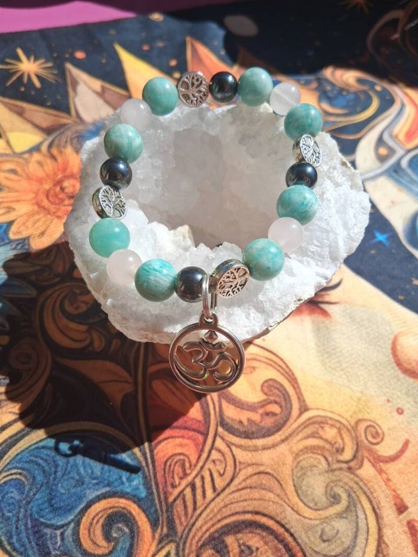 Amazonite, quartz rose, hématite, courage, depression, amour, stress