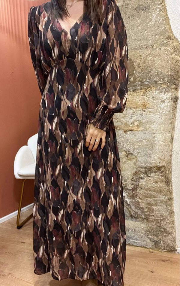 Robe longue à motifs noire et chocolat JACKIE