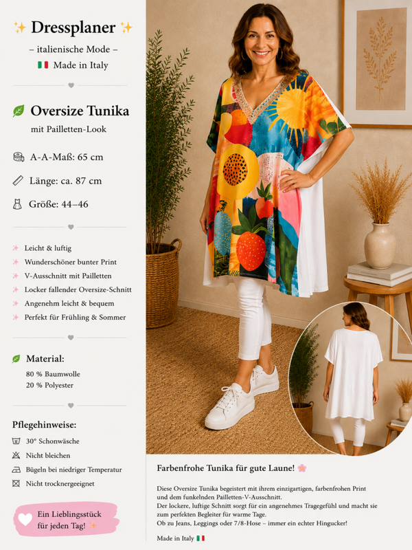 Farbenfrohe Oversize Tunika mit Pailletten-Ausschnitt in Größe 44-46