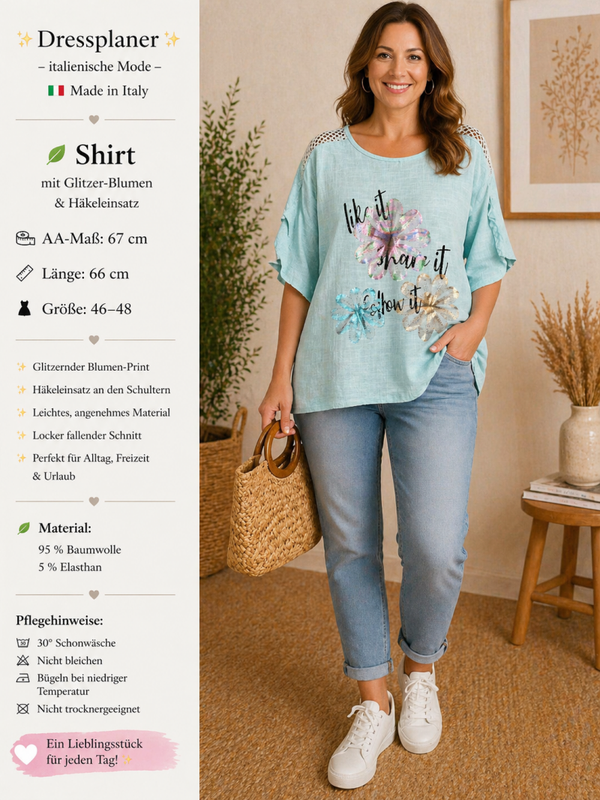 Dressplaner Shirt – Glitzer-Blumen & Häkeleinsatz - Größe: 46–48