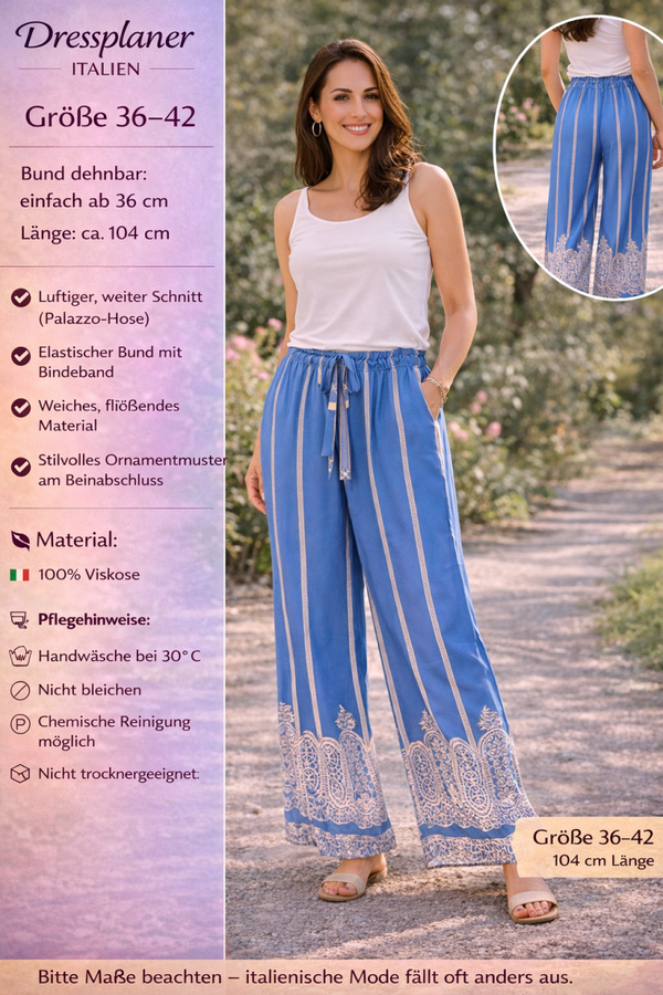 Elegante Palazzo-Hose in Blau mit Ornamentmuster in Größe 36-42
