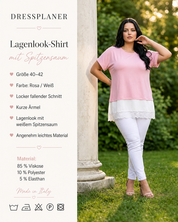 Lagenlook-Shirt mit Spitzensaum in Größe 40-42