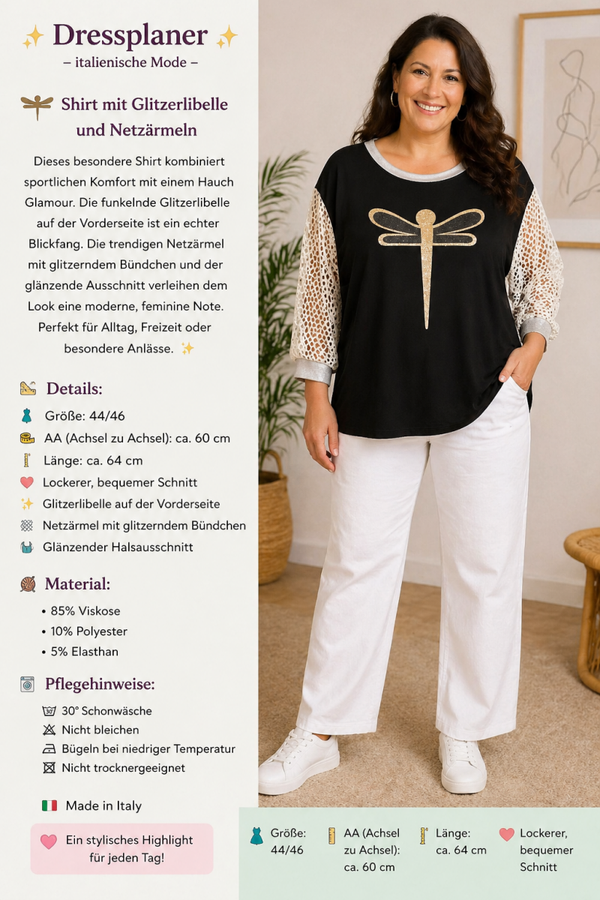 💫 Stylisches Shirt mit Glitzer-Libelle & Netzärmeln 💫 Größe: 44/46