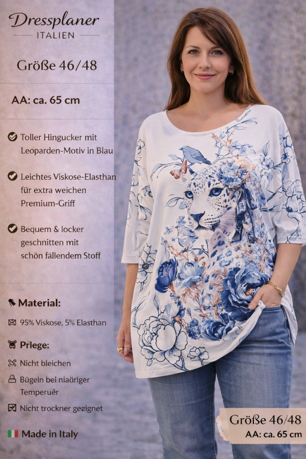 Wunderschöne Oversize-Tunika / Longshirt mit Leo-Blumenprint in Größe 46-48