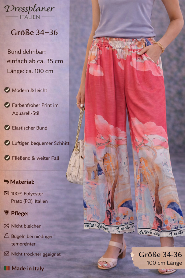 Leichte Palazzo-/Culotte-Hose mit Aquarellprint in Größe 34-36